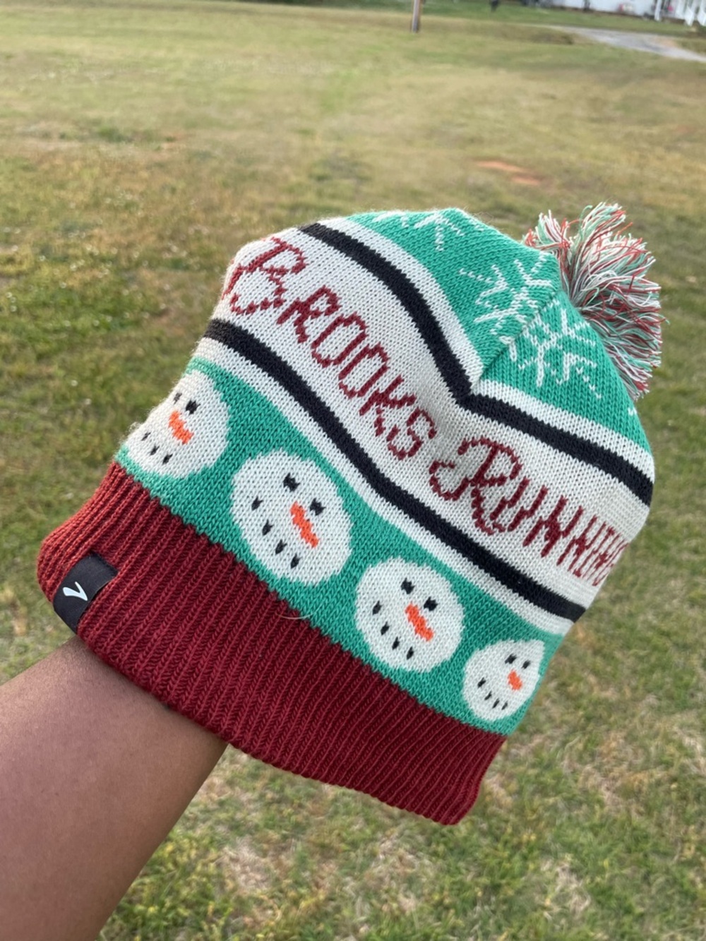 Brooks run merry pom beanie Snowman Knit Beanie in Green, Red & White